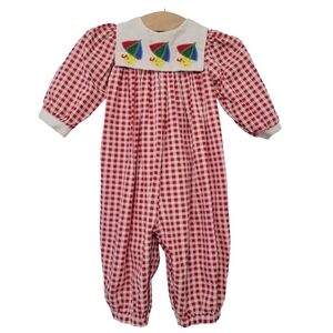 Peaches 'n Cream Vintage Red Gingham Plaid Romper Size 18 Months Embroidered Bib